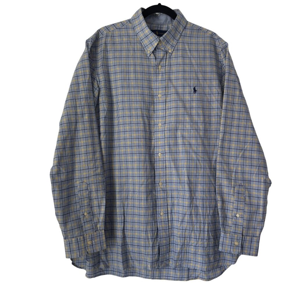Ralph Lauren Mens Blue/Yellow/White Plaid LS Dress Shirt, Size XL